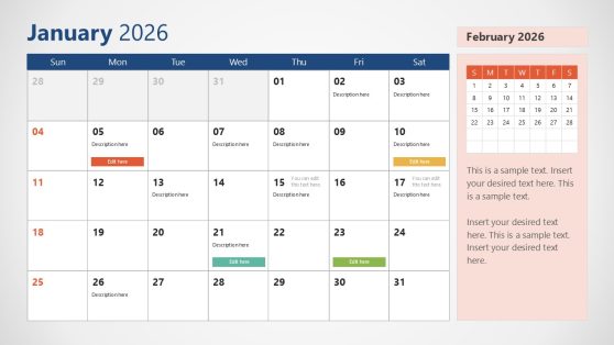 2026 Calendar PPT Template With Sunday as First Day