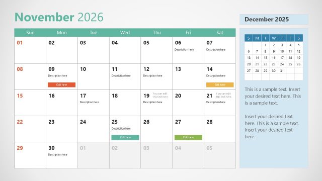 2026 Calendar PPT Template – Slide for November