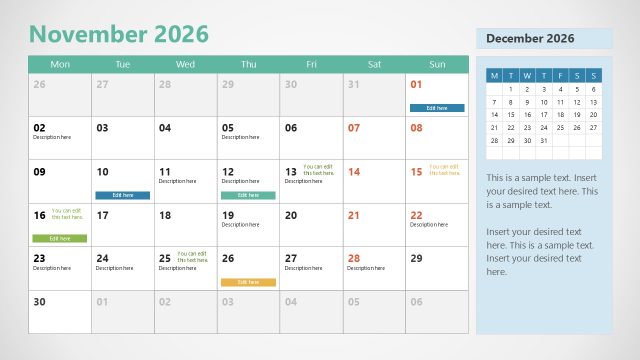 Customizable Slide for November – 2026 Calendar Template