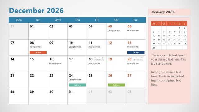 Slide for the Month December – 2026 Calendar PPT Template