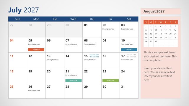 July Slide – 2027 Calendar PPT Template With Sunday as First Day