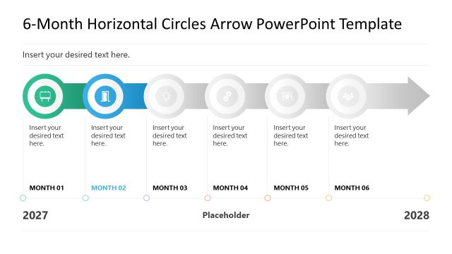 Editable 6-Month Horizontal Circles Arrow PPT Template