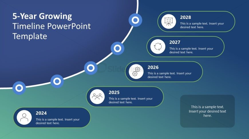 5-Year Growing Timeline PowerPoint slide with a curved path and circular nodes for each year from 2024 to 2028.