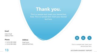 Thank You slide template featuring a blue gradient background with contact information fields for email, phone, and address, suitable for business presentations.