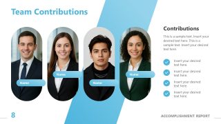 Customizable slide for team contributions with images and text boxes for names and contributions.