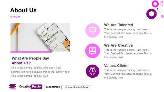 Creative Purple About Us PowerPoint Slide