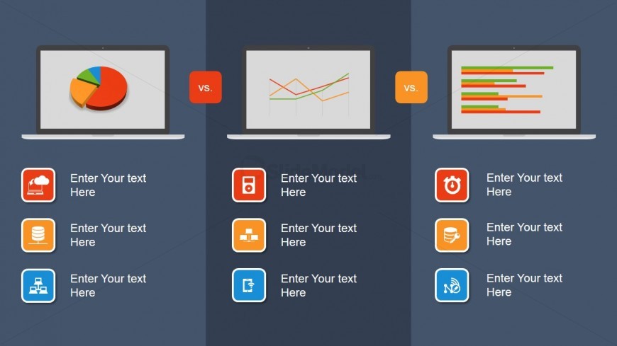 3 Columns Comparison Slide with Computer Monitor Vector and Data Charts