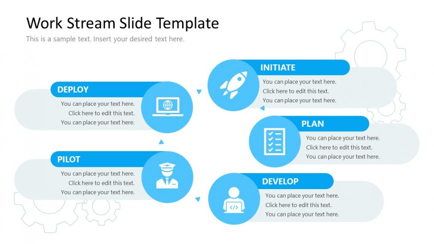 Work Stream Steps Diagram with Icons PPT Slide