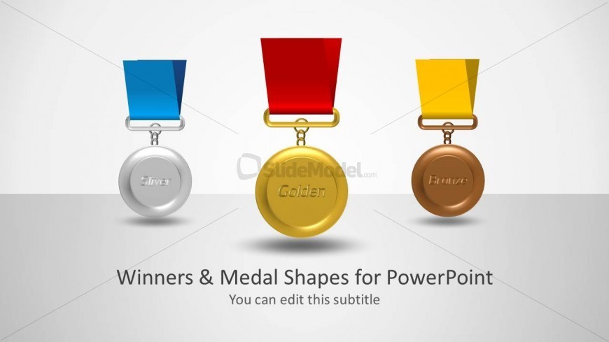Slide design to showcase three medals including Silver, Golden and Bronze medal shapes for PowerPoint presentations and Google Slides.