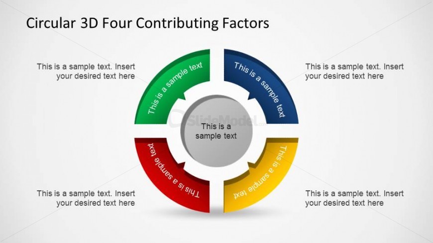 Circular 3D 4 Steps pointing a concentric cylinder PowerPoint Diagram