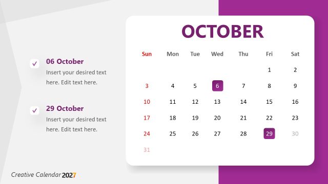 Editable Calendar 2027 Slide for October