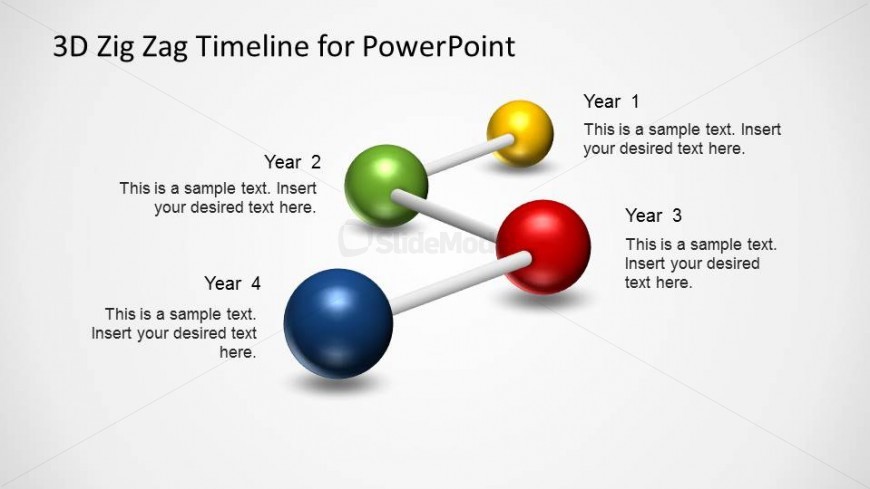 PowerPoint Diagram created with Four milestones using 3D spheres connected with sticks.