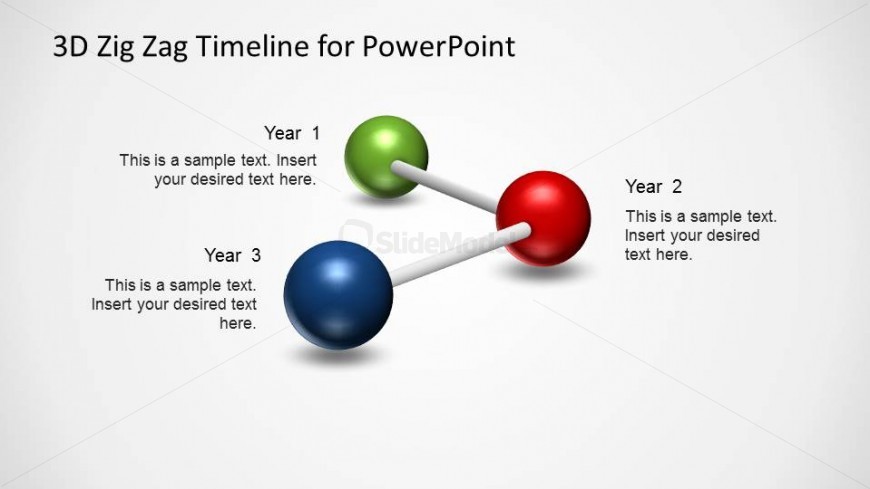 3 3D PowerPoint Spheres creating a Zig Zag timeline.