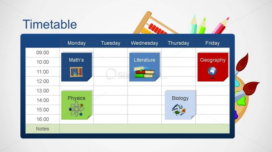 Editable timetable where each time-frame can be scheduled with Post-it like courses icons.