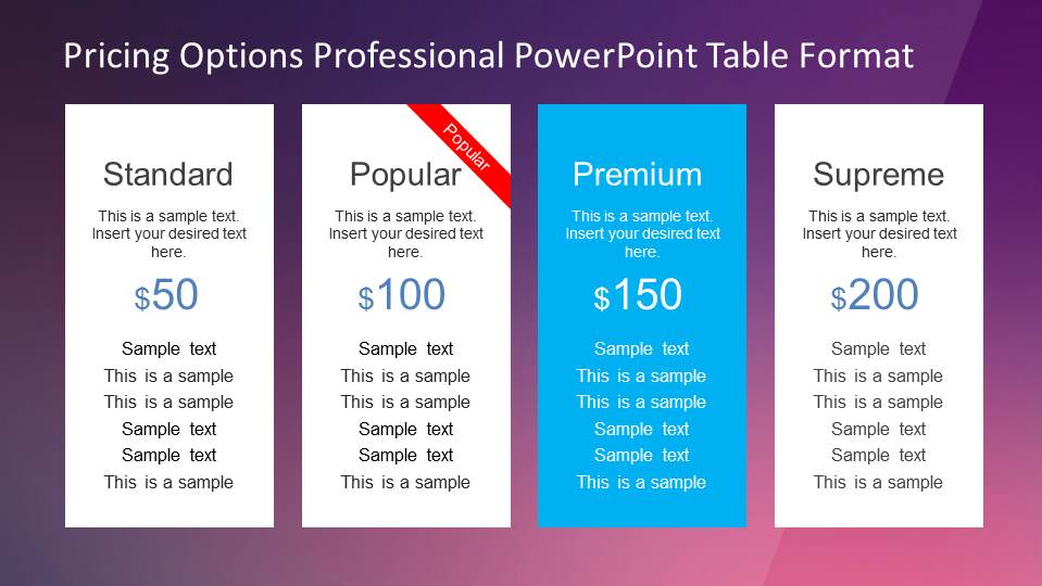 Four columns PowerPoint Table with Pricing Options