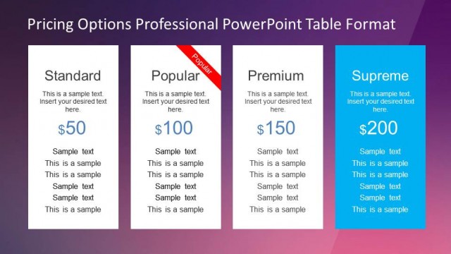Four Product Pricing Options Table PowerPoint Template