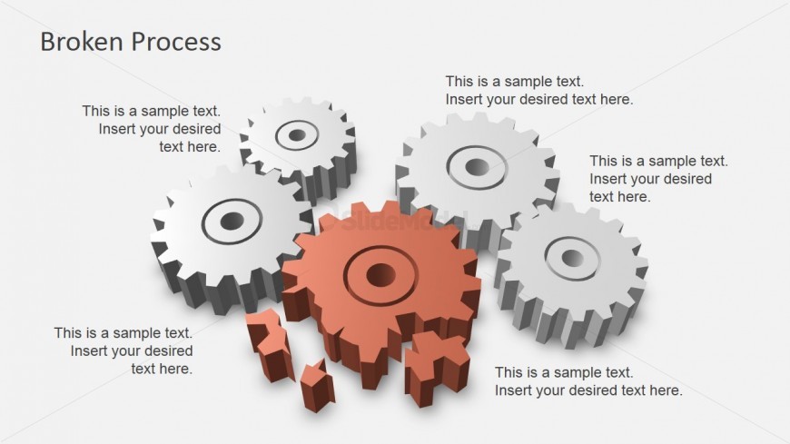 3D Gears Highlighting One with Broken Pieces