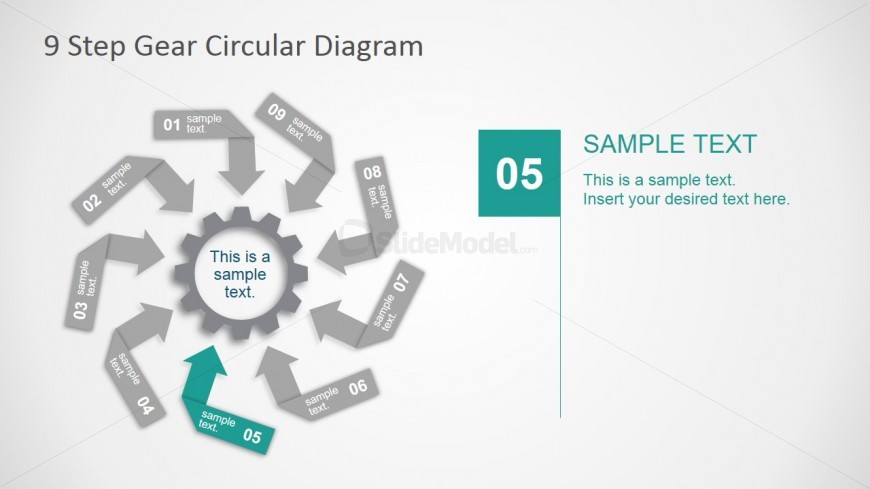 PowerPoint Gear Shape Surrounded of Nine Arrows 