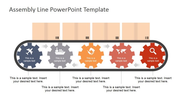 PowerPoint Shapes Five Steps Gears Conveyor Belt