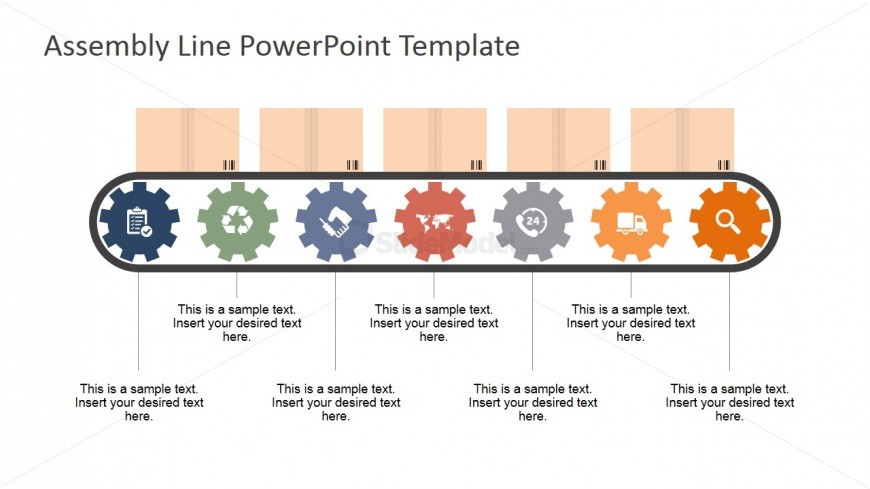 PowerPoint Assembly Line Shapes with Seven Workstations