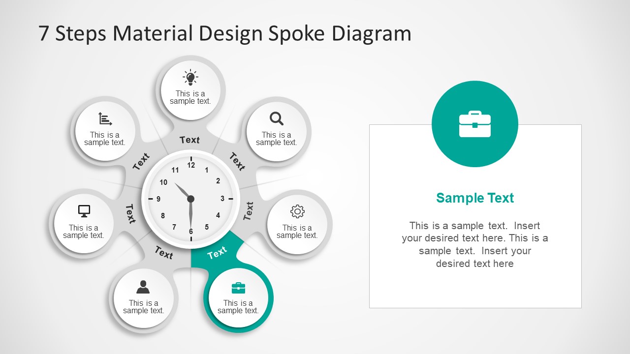 7 Steps Material Design Spoke Diagram PowerPoint Template 