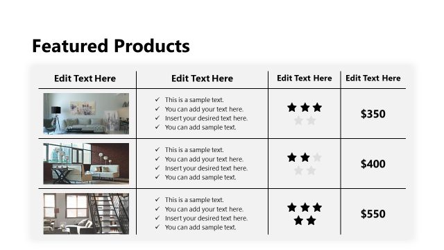 Featured Products Presentation Slide with Images & Text Bullets