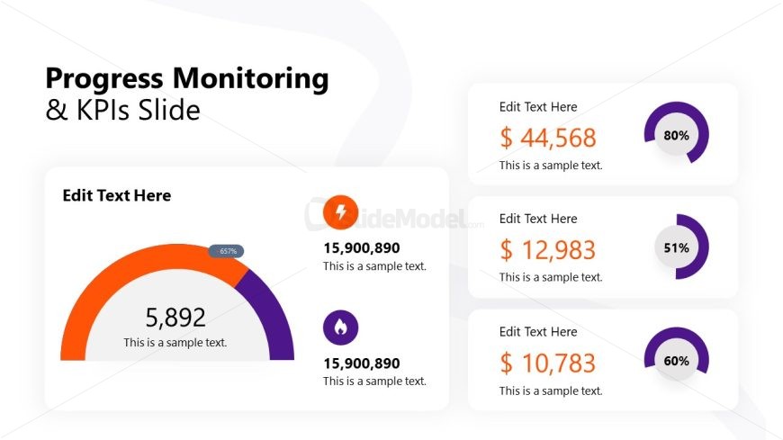 Progress Monitoring & KPIs slide featuring a speedometer gauge and KPI indicators in orange and purple colors for business presentations.