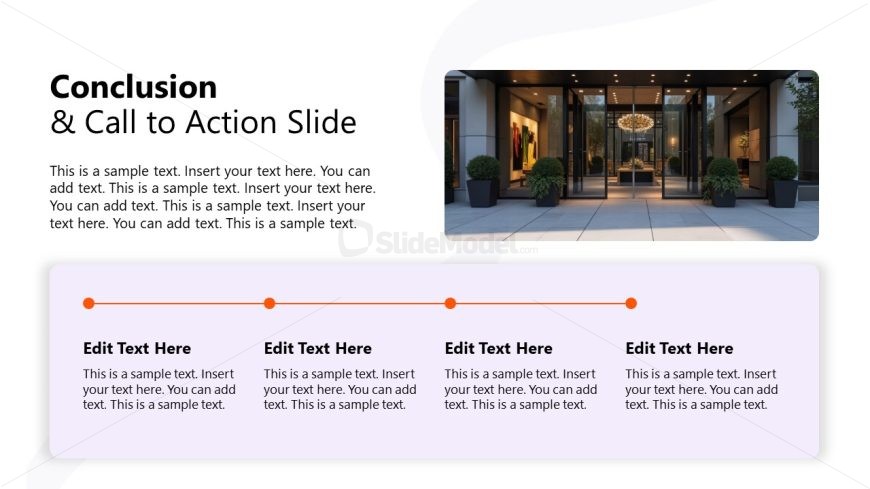 Conclusion and Call to Action Slide with text areas and timeline.