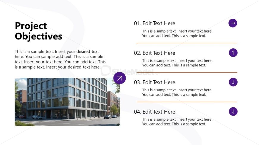 Project Objectives Slide with a contemporary building image and numbered objectives list, designed for presentations.