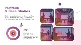 Portfolio & Case Studies Slide Template featuring a target graphic and image placeholders, ideal for business presentations.