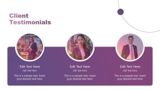 Client Testimonials slide featuring three circular images with text boxes, designed for professional presentations.