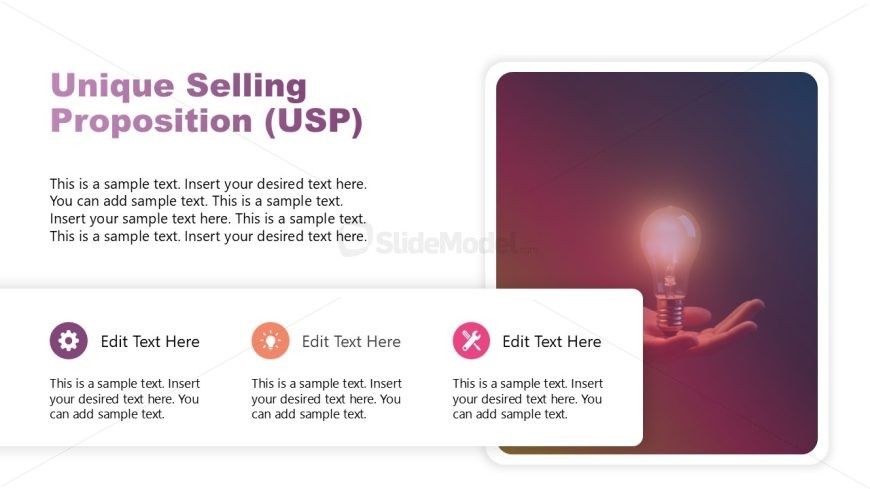 Unique Selling Proposition slide with customizable text boxes and icons for business presentations.