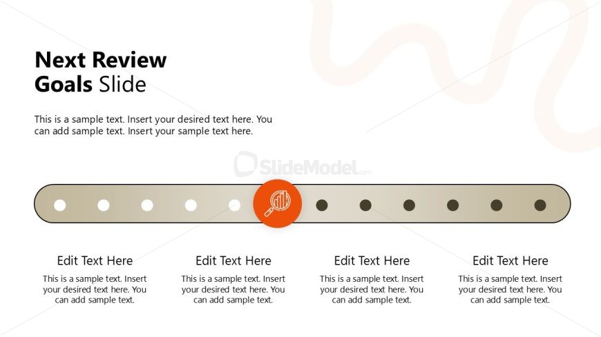 Creative Next Review Goals Slide with timeline and magnifying glass icon for performance appraisal presentations.