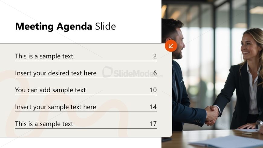 Meeting Agenda Slide with list of agenda items and business meeting background.