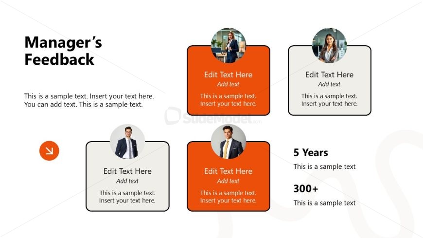 Manager's Feedback Slide with circular images and text boxes for performance appraisal presentations.