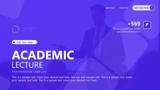 Academic Lecture PPT Template cover slide with blue theme, editable text boxes, and lecturer image.