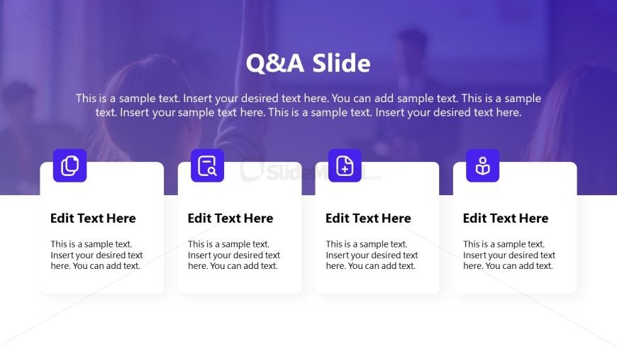 Q&A slide with four text boxes and icons, purple and white theme, for academic presentations.