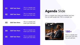 Agenda Slide with blue and white color scheme, featuring numbered list and lecture audience photo.