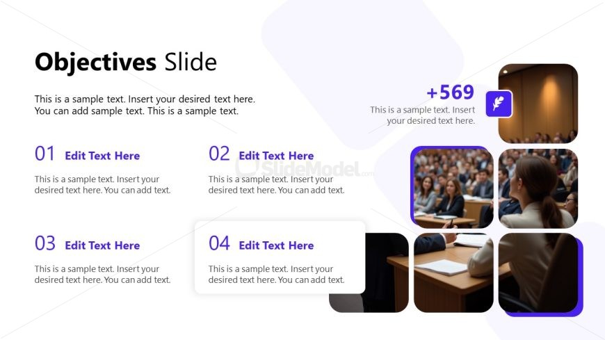 Objectives Slide with four numbered sections and lecture images, purple and white theme.