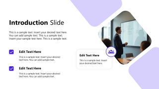 Introduction slide with purple and white design, featuring text boxes and a presenter image.