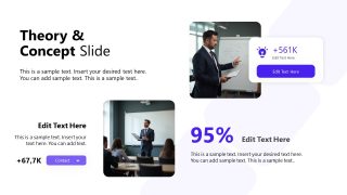 Theory & Concept Slide with images and text boxes, featuring a modern design with white and purple colors.