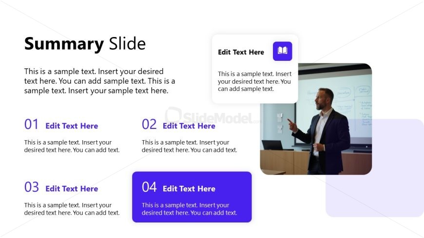 Summary Slide with four numbered sections, editable text boxes, and a clean white and purple design.