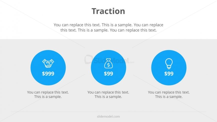 Traction slide showing three KPI elements in the slide. Useful to present the traction slide in a Pitch Deck presentation or as part of a presentation showing the business growth over a period of time.