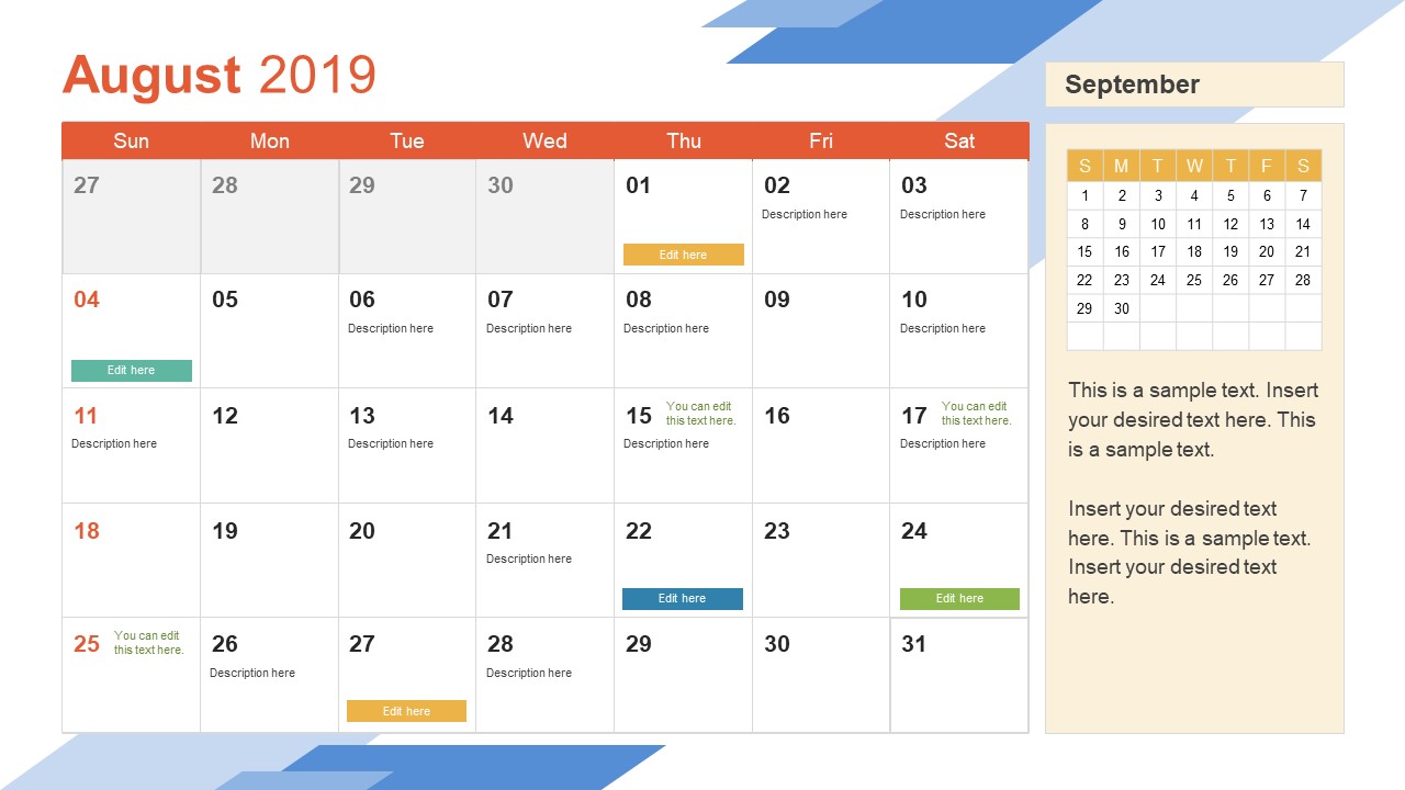 Monthly Calendar 2019 Template August