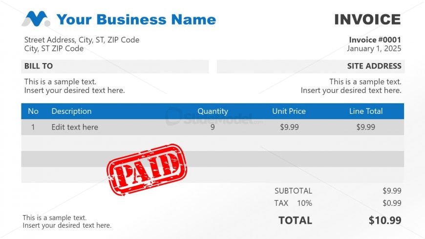 Blue Theme Paid Invoice PowerPoint