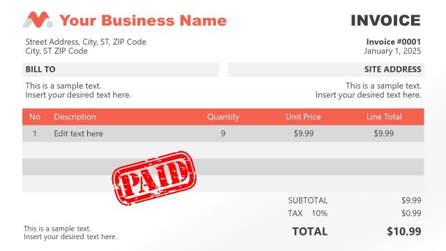 Paid Invoice Red PowerPoint Template Design
