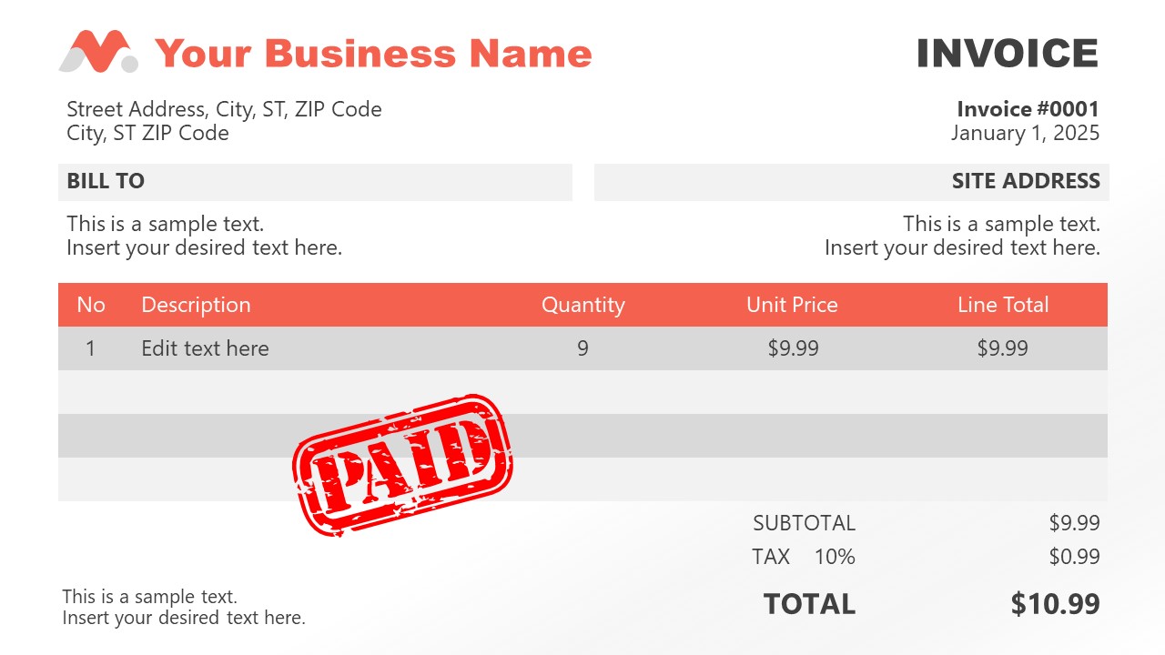 Red Theme Paid Invoice PowerPoint 