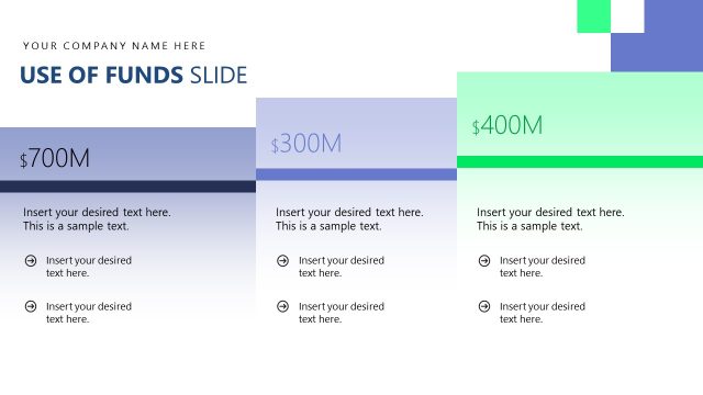 Use of Funds Slide with Three Sections – High-Stakes Pitch Deck Template