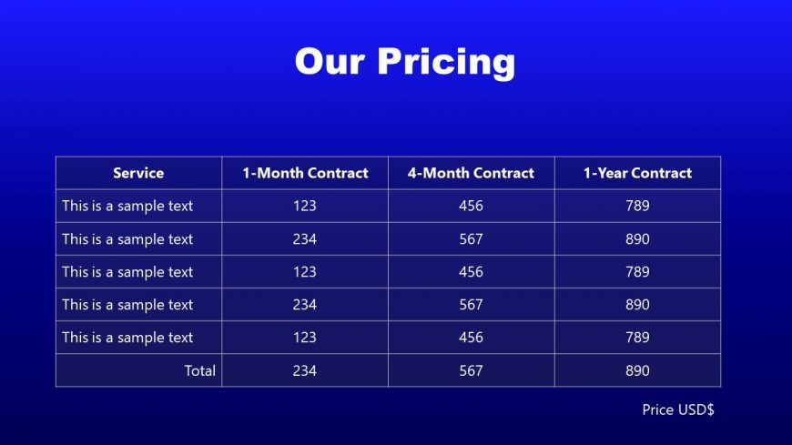 PPT Plan and Pricing Table for Legal Service