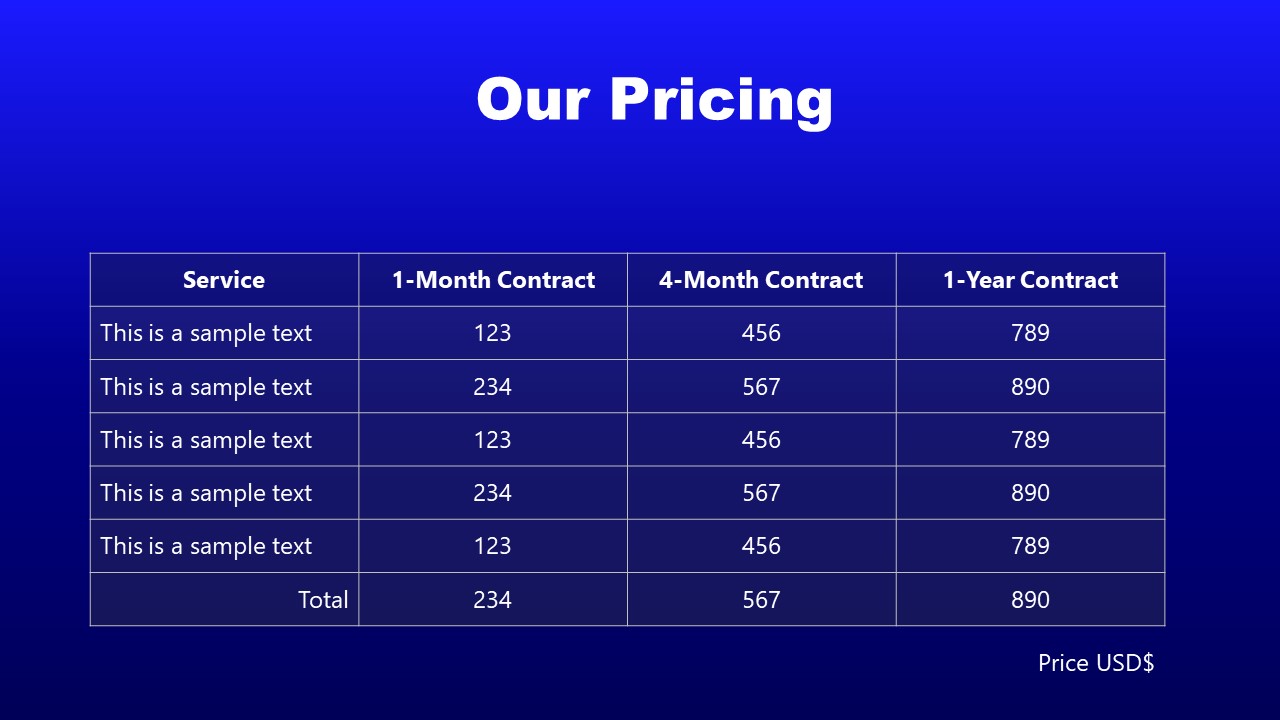 PPT Plan and Pricing Table for Legal Service 